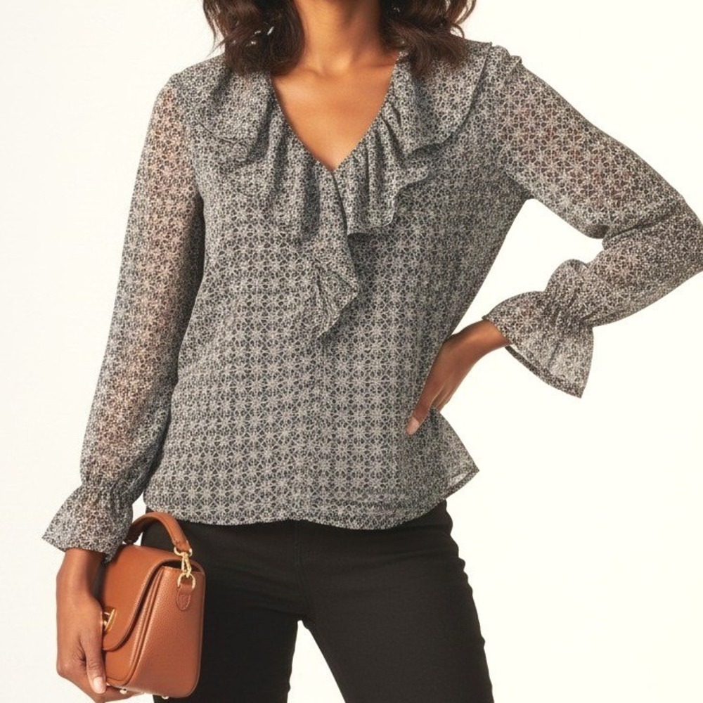 LOFT Women Blouse Ruffle Collar Geometric Print Workwear XS